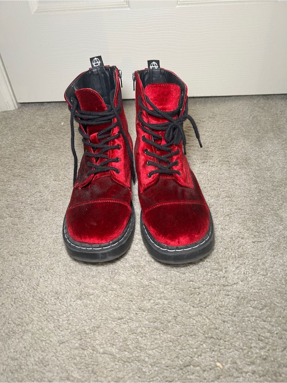 Women’s/Unisex Deep Red Velvet Lace-Up Boots